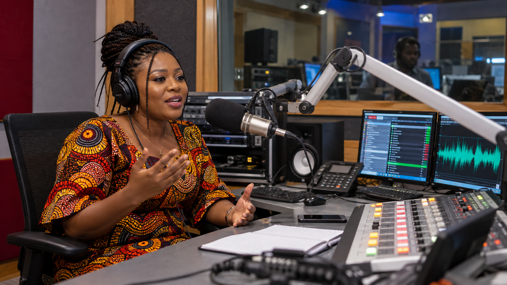Presenter broadcasting live in a professional radio studio