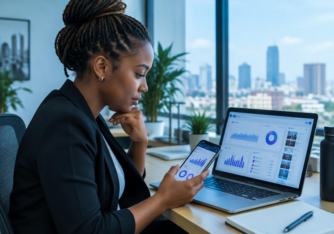 Illustrative image: marketer reviewing digital campaign analytics