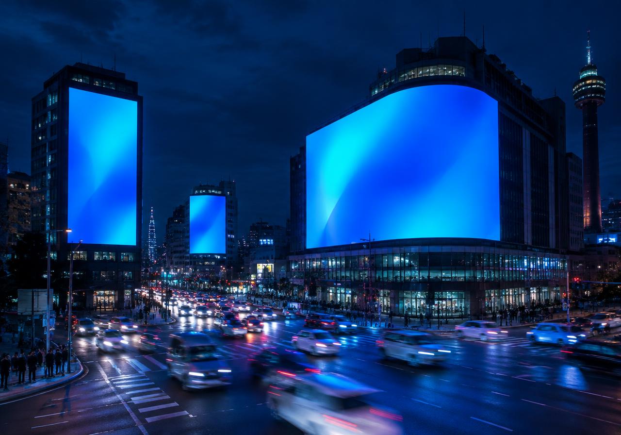 Illustrative image: digital advertising screens over a busy city intersection at night
