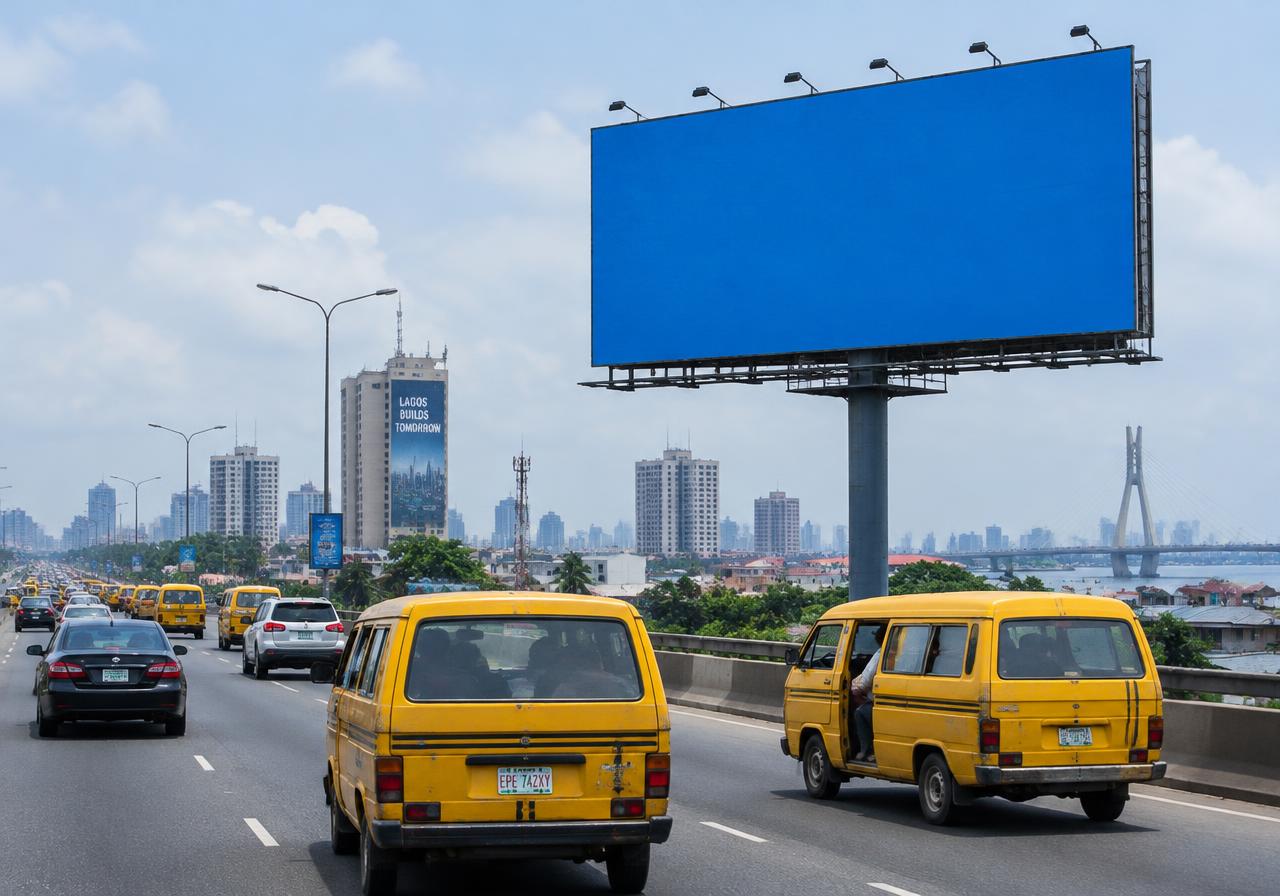 Illustrative image: roadside billboard above Lagos traffic